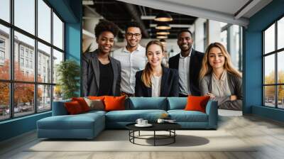 Diverse group of people from different backgrounds and ethnicities in a modern office happy at work, smiling multiethnic corporate men and women executives, diversity and inclusivity concept Wall mural