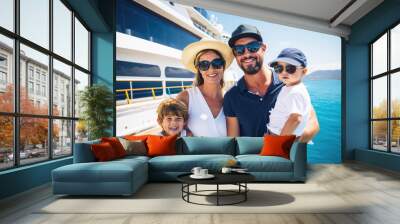 Family on a cruise ship, happy, tourism and vacation concept, sea and cruise ship background Wall mural