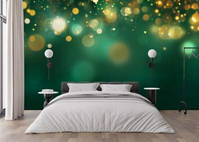 Green emerald and gold bokeh background, blurred light vibrant green banner copyspace hd Wall mural