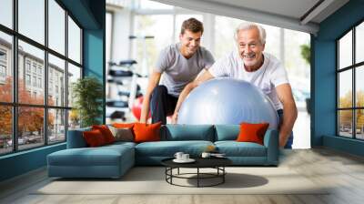 Physical therapist working with elder patient, physiotherapy, helping old retired pensioner man in a clinic, therapy Wall mural