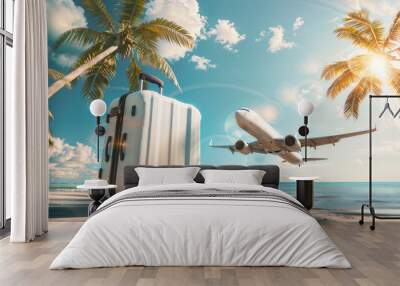 Vacation concept, luggage on sandy beach with airplane in sky, suitcase on tropical hot summer island, travel concept hd Wall mural