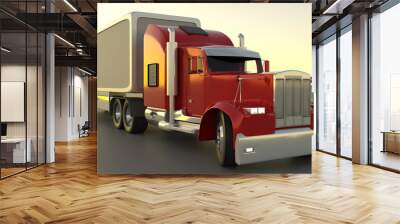 American style red truck. Semi Truck with Cargo Trailer. 3D rendering Wall mural