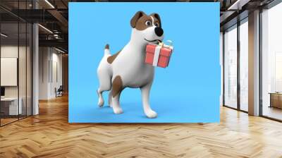 Cartoon dog holding red gift box in mouth isolated on blue background. Pet walk with Christmas, New Year, Birthday, Valentine celebration present. 3D rendering. Wall mural