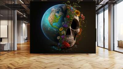 planet and skull overgrown with flowers ecological concept save nature save ecology. Ai generated image. Wall mural