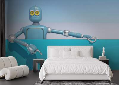 retro robot acts as advertising; vintage robot suggests to buy; the robot costs with the empty poster on a blue background Wall mural