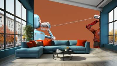 Retro two robots talking on tin can phones. 3d render Wall mural