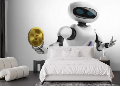 Robot holding Bitcoin. Isolate on white. Crypto Currency. Wall mural