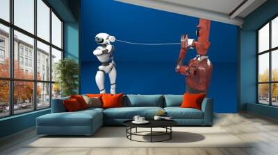 Two robots with tin can phones. 3d render Wall mural