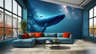 Whale in the sky, Abstract night fantasy landscape with an planet ,an unreal world, a fish, Reflection of moon light, water, depths of the sea. 3D. Ai generated image. Wall mural