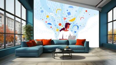 A young dark skinned woman is sitting on the floor and working on a laptop. Freelance and remote work concept with abstract shapes and details Wall mural