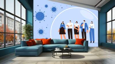 Group of people is standing in a protective bubble. Young men and women in medical masks are protected from the 2019-nCoV flying coronavirus. The concept of the fight against the new virus COVID-2019 Wall mural