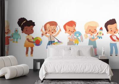 Happy children play with different toys, hold them in their hands. Funny kids of different nationalities with favorite toys. Wall mural