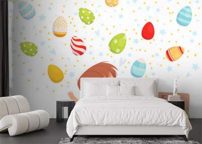 Little boy plays with painted colored Easter eggs. Children's game Egg hunter. Festive easter poster. Wall mural