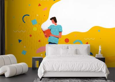 Man is standing and reading a book. Concept of love for reading, education, recreation and distance learning Wall mural