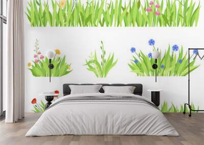 Set of different natural garden flowers in the grass. Fresh garden flower beds on a white background. Vector illustration Wall mural