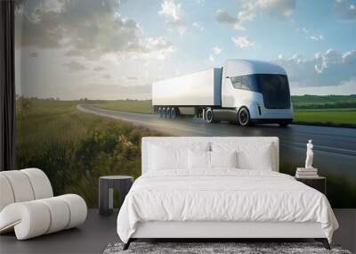 A modern electric truck driving through a scenic landscape under a bright sky, showcasing innovation in transportation and eco-friendly design. Wall mural