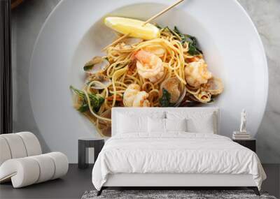 Seafood pasta Spaghetti with Clams, Prawns, Italian food Wall mural