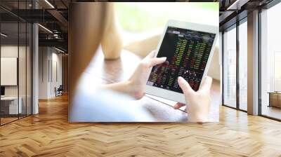 Woman hand using a tablet for Stock exchange trading online in the coffee shop, business concept Wall mural