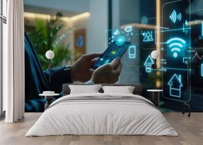 A business executive interacts with a digital interface on a smartphone, managing smart home technology that includes security and automation features Wall mural