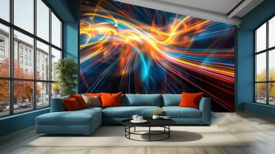 A futuristic abstract design with glowing, multicolored light trails in shades of blue, orange, and yellow, creating a dynamic and energetic visual effect against a dark background Wall mural