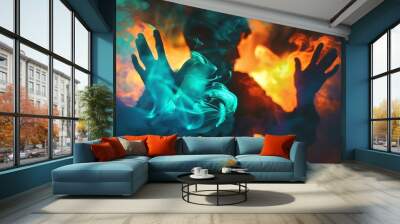 Casting spells, mystical energies, focus on, vivid hues, double exposure silhouette with sorcerers hands Wall mural