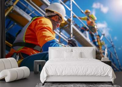 Construction workers on a building site, wearing full safety gear Wall mural