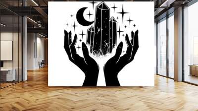 Black and white vector illustration of two hands holding crystals, surrounded by stars, mystical and celestial theme. Wall mural