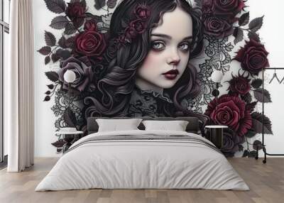 Digital artwork of a gothic girl surrounded by deep burgundy roses and intricate lace patterns, combining delicate beauty and dark elegance. Wall mural