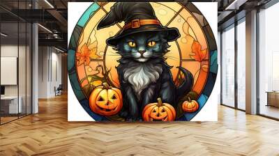 Round stained-glass illustration of a black cat in witch hat. AI-generated art. Wall mural