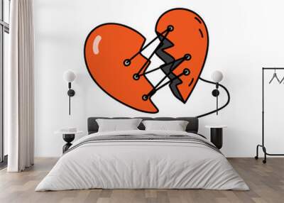 Two red halves of a broken heart are sewn together. Needle with thread. Love repair, healing. Sad emotion. Colored doodle style. Vector illustration on isolated white background. Valentine's day conce Wall mural