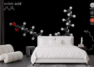 Molecules Linoleic Acid. Polyunsaturated fatty acid. Molecular structure. Formula: C18H32O2. Chemical model: Ball and stick. Black background. 3D illustration. Wall mural