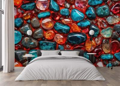 The interior wall decoration is a collage design made of stone, glass, crystals. 3d illustration + AI generated Wall mural