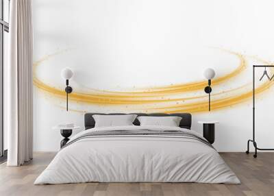 Yellow magic spirals with sparkles. Yellow light effect. Glitter particles with lines. Swirl effect. PNG. Wall mural