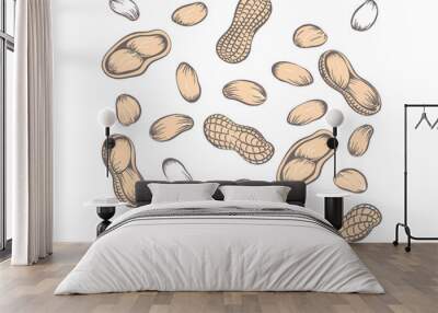 Seamless pattern peanuts drawn by hand. Vector illustration of peanut in nutshell and without it. Peanut, groundnut on a white background. Wall mural