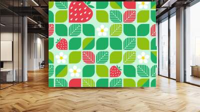 seamless geometric pattern with leaves, strawberries and blossoms Wall mural