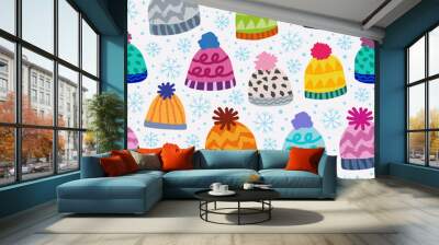 seamless winter pattern with caps and snowflakes Wall mural