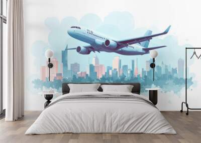 A modern airplane flying above a vibrant city skyline, capturing the essence of travel and urban life in a colorful illustration. Wall mural