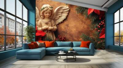 A serene angel figurine surrounded by vibrant poinsettias, creating a festive and peaceful holiday ambiance. Wall mural