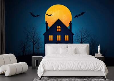 A spooky house silhouette under a full moon with bats flying, perfect for Halloween and horror-themed designs. Wall mural