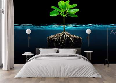 A vibrant green plant emerging from dark water, showcasing its roots and leaves, symbolizing growth and resilience in nature. Wall mural