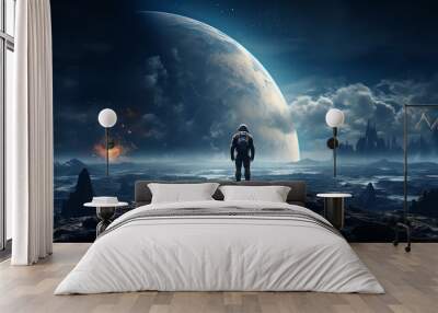 Astronaut standing on moon surface, Earth visible in the background, concept of space exploration and travel, dramatic lighting Wall mural