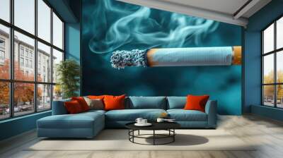 Close-up of a cigarette with smoke on a dark background. Wall mural