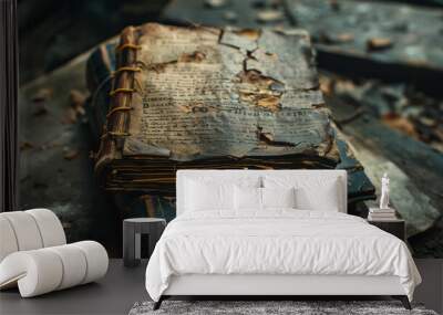 Close-up of an old book on a table with vintage wooden and rusty metal elements Wall mural