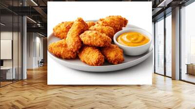 Crispy golden chicken nugget served with a side of tangy mustard sauce on a clean white plate. Wall mural