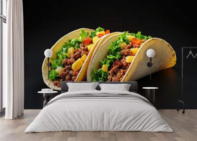 Delicious tacos filled with ground beef, fresh vegetables, and vibrant toppings on a sleek black background. Wall mural