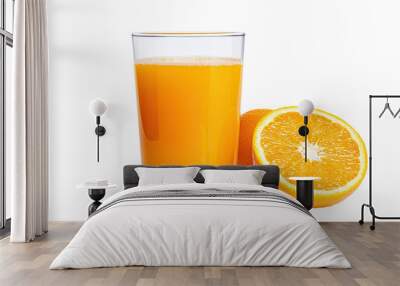 Fresh orange juice served in a glass, accompanied by a sliced orange, perfect for breakfast or a refreshing drink. Wall mural