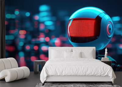 Futuristic robot with glowing features, set against a vibrant, neon urban backdrop. Ideal for technology and innovation themes. Wall mural