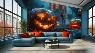 Halloween Scene, Party of pumpkins and zombies in moonlight. Contain Moon 3D rendering, deformed and church with reassembled parts. Generative ai illustrations. Wall mural