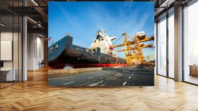 Transport logictic industry concept of cargo, truck, transportation, container box, vessel ship and working crane, import export business. Wall mural