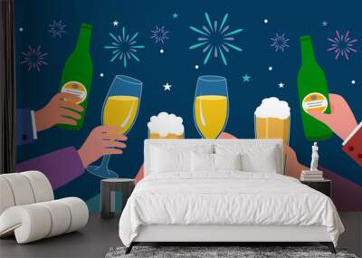 Beer and wine glasses toast celebration party in flat design. Wall mural